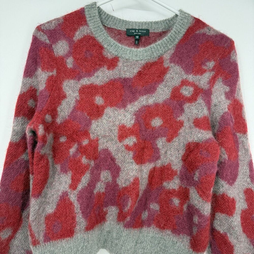 Rag & Bone Leopard Print Red Grey Crewneck Mohair Angora Silk Sweater Cozy XS - Picture 2 of 12